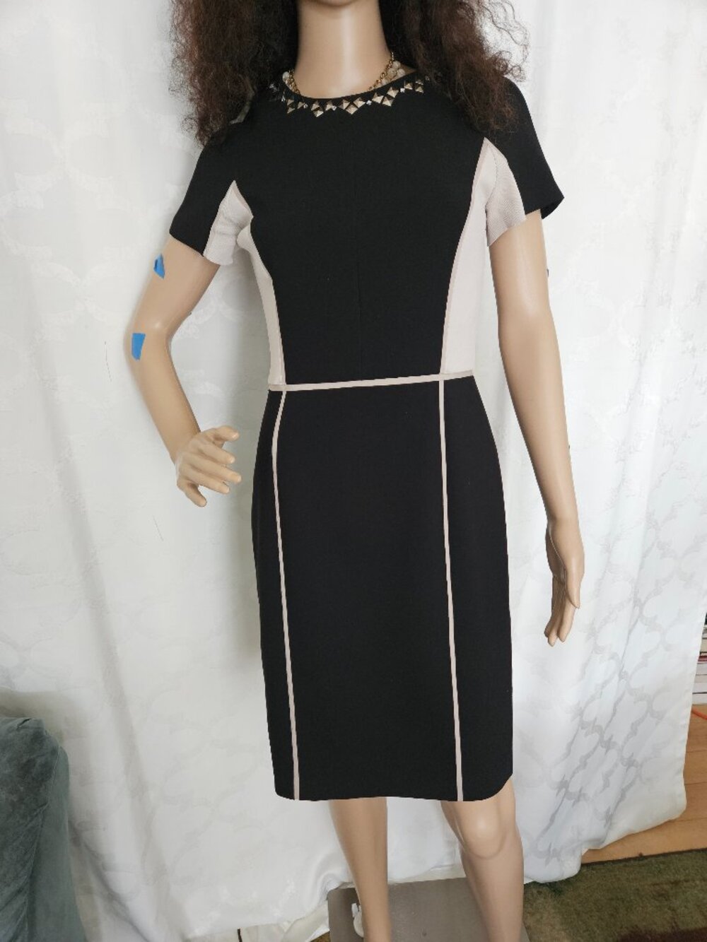**Rebecca Taylor Black & Beige ColorBlock Studded Sheath Dress**
